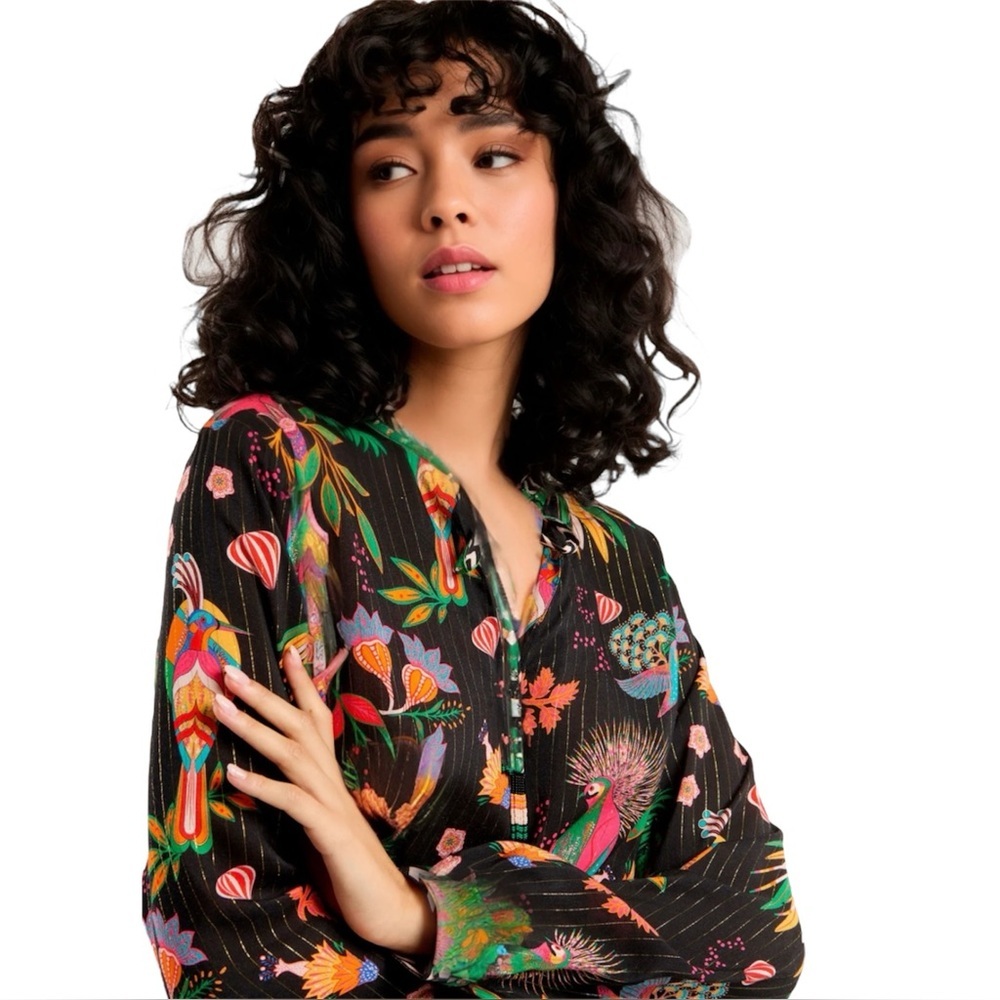 WILD Blouse Maxima Boho Lurex Botanical Print Kimono Top | S/M